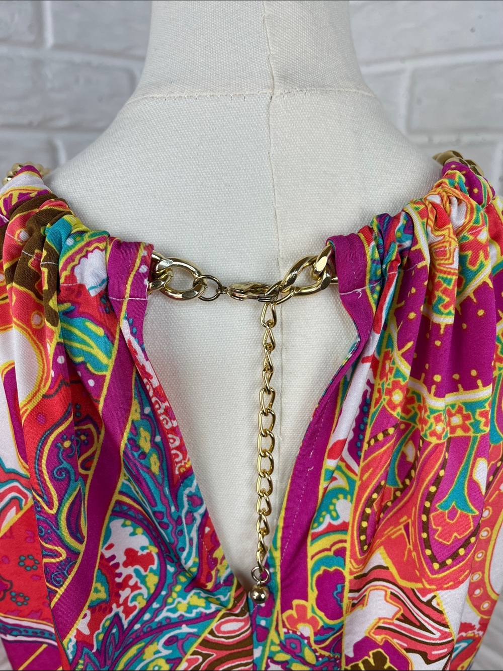 CACHÉ Y2K VINTAGE HALTER BLOUSE CHAIN COLLAR FAUX WRAP COLORFUL PAISLEY SZ LG - Picture 6 of 12